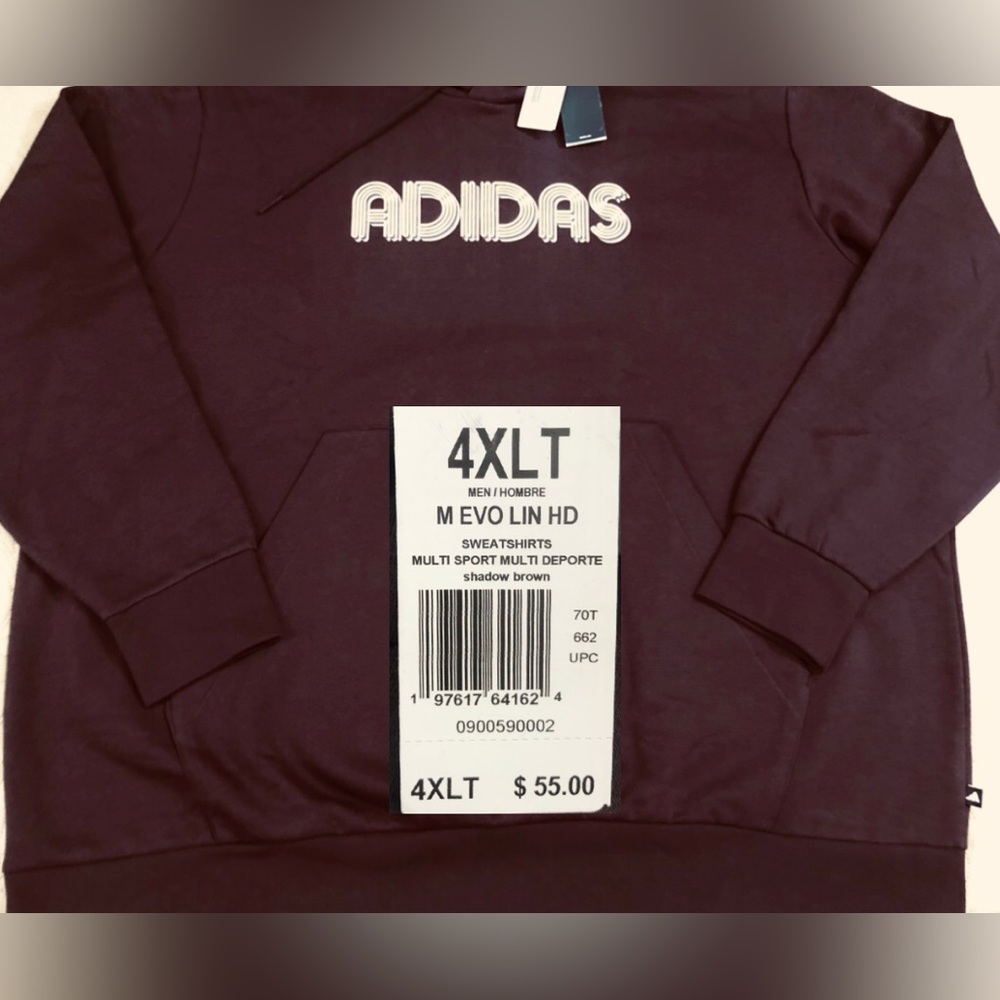 NEW..MEN TALL-4XL ADIDAS EVOLUTION LINERA PULLOVER HOODED SWEATER (BROWN)LOOSE